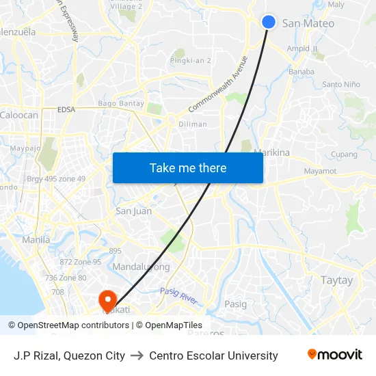 J.P Rizal, Quezon City to Centro Escolar University map
