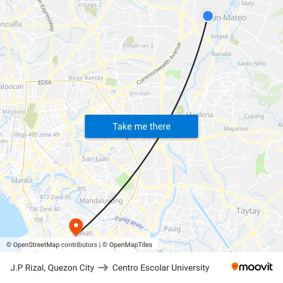 J.P Rizal, Quezon City to Centro Escolar University map