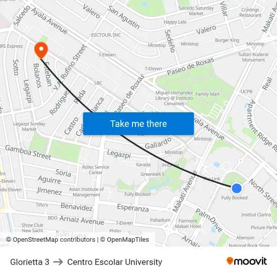 Glorietta 3 to Centro Escolar University map