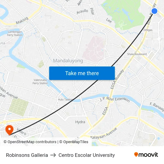 Robinsons Galleria to Centro Escolar University map