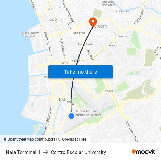 Naia Terminal 1 to Centro Escolar University map