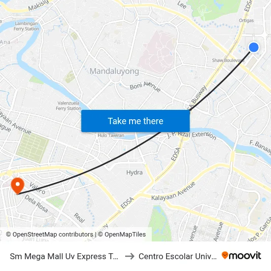 Sm Mega Mall Uv Express Terminal to Centro Escolar University map
