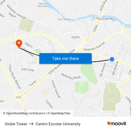 Globe Tower to Centro Escolar University map