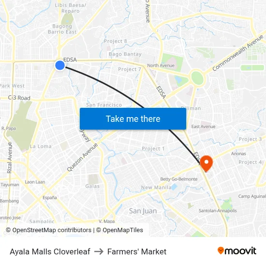 Ayala Malls Cloverleaf to Farmers' Market map