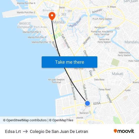 Edsa Lrt to Colegio De San Juan De Letran map