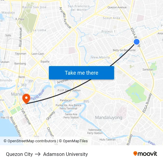 Quezon City to Adamson University map
