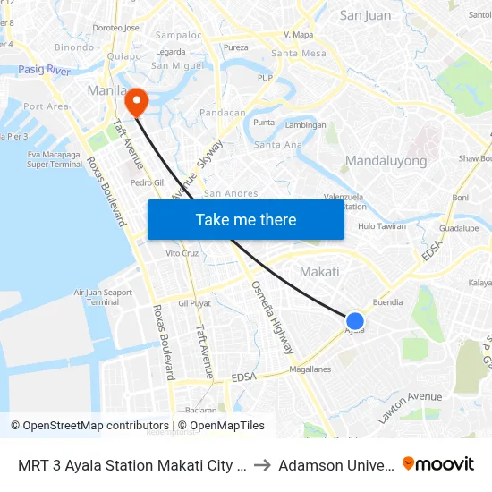 MRT 3 Ayala Station Makati City Manila to Adamson University map