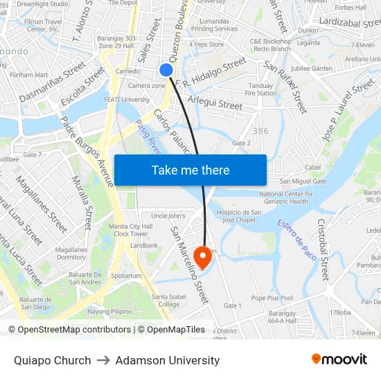 Quiapo Church to Adamson University map