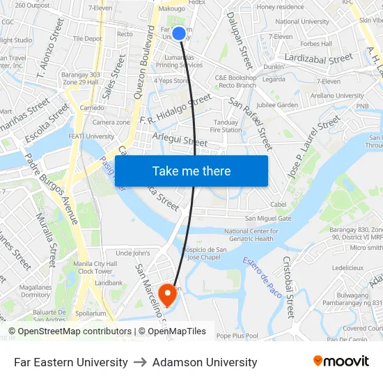 Far Eastern University to Adamson University map