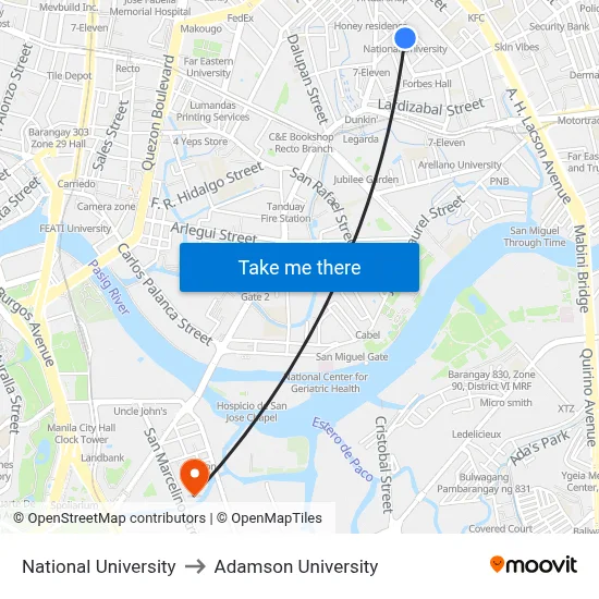 National University to Adamson University map