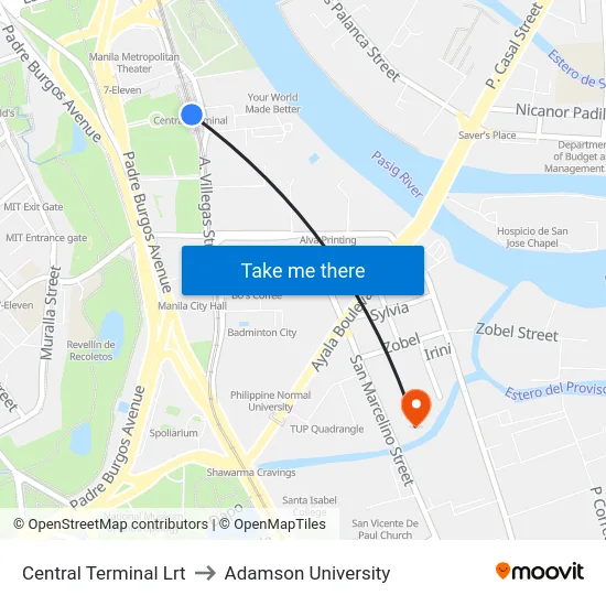 Central Terminal Lrt to Adamson University map