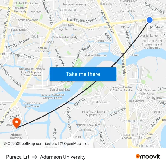 Pureza Lrt to Adamson University map