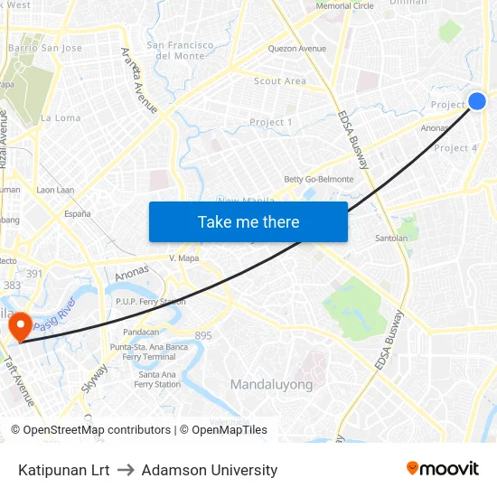 Katipunan Lrt to Adamson University map