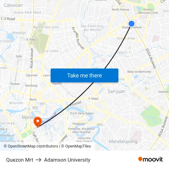 Quezon Mrt to Adamson University map