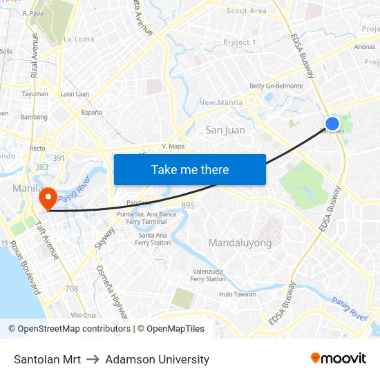 Santolan Mrt to Adamson University map