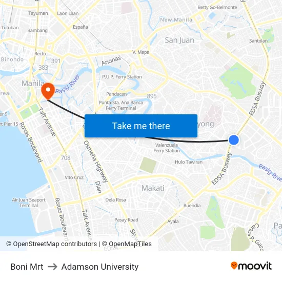 Boni Mrt to Adamson University map