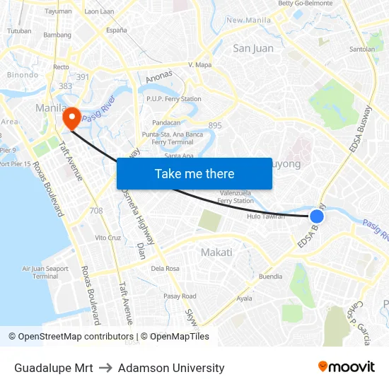 Guadalupe Mrt to Adamson University map