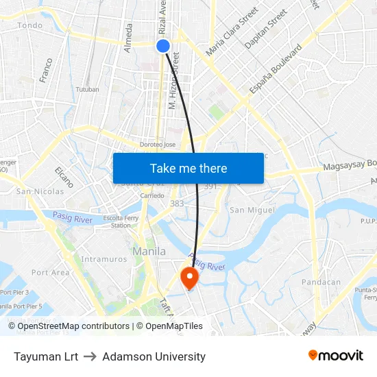 Tayuman Lrt to Adamson University map