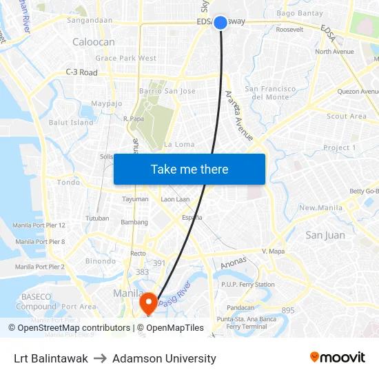 Lrt Balintawak to Adamson University map