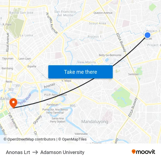 Anonas Lrt to Adamson University map