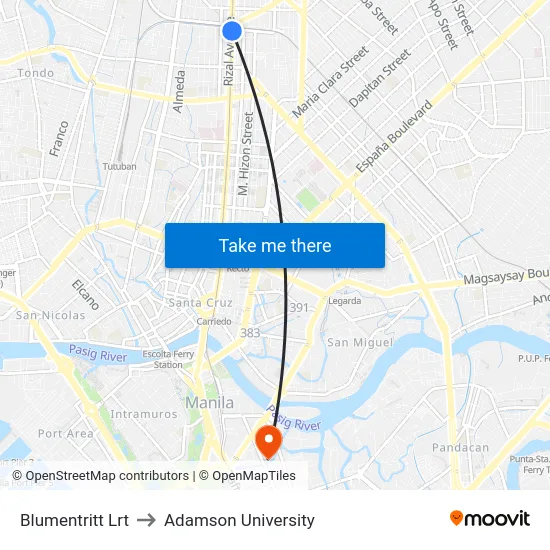 Blumentritt Lrt to Adamson University map