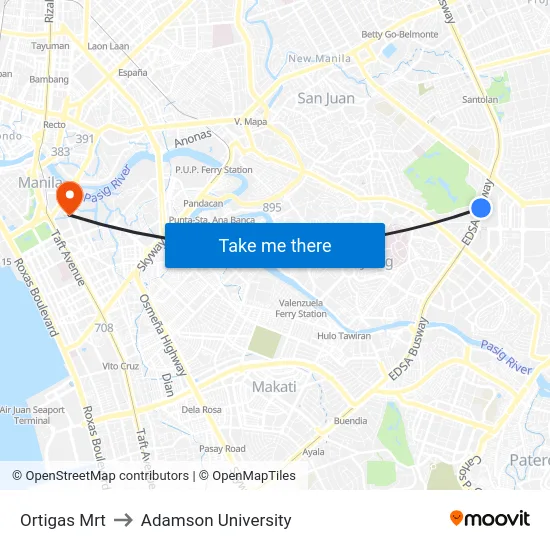 Ortigas Mrt to Adamson University map