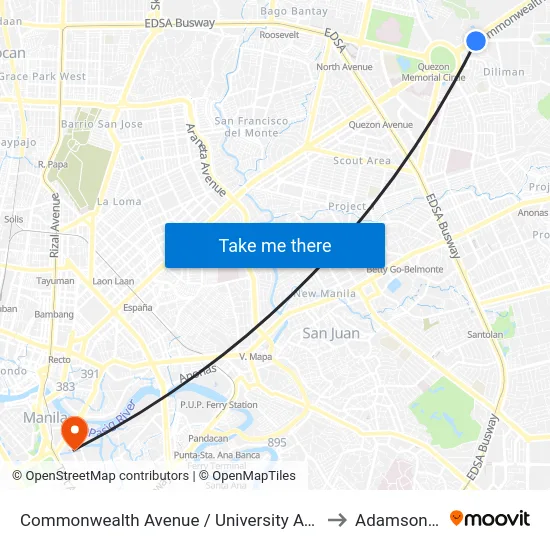 Commonwealth Avenue / University Avenue Intersection, Quezon City to Adamson University map