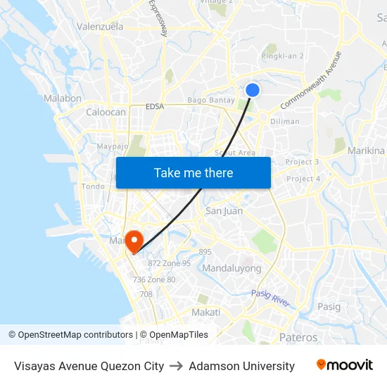 Visayas Avenue Quezon City to Adamson University map
