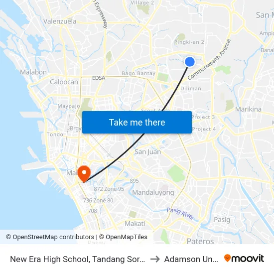 New Era High School, Tandang Sora, Quezon City to Adamson University map