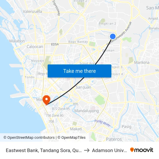 Eastwest Bank, Tandang Sora, Quezon City to Adamson University map