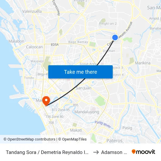 Tandang Sora / Demetria Reynaldo Intersection, Quezon City to Adamson University map