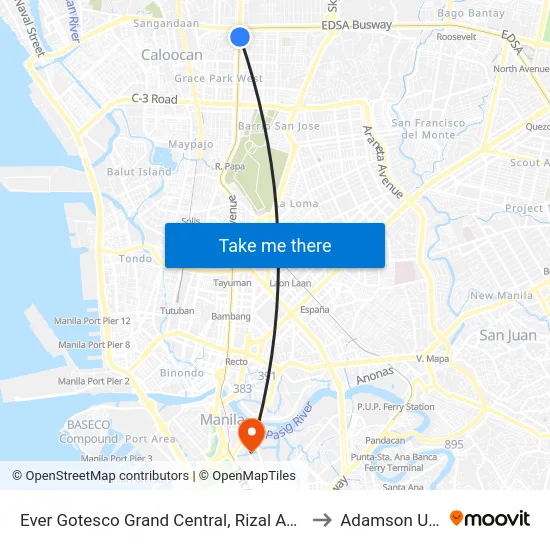 Ever Gotesco Grand Central, Rizal Avenue, Caloocan City to Adamson University map