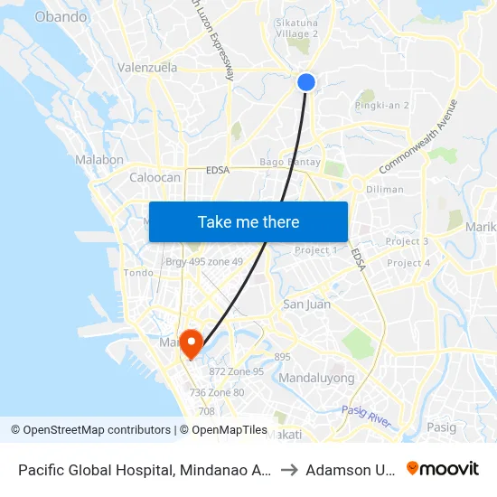 Pacific Global Hospital, Mindanao Avenue, Quezon City to Adamson University map