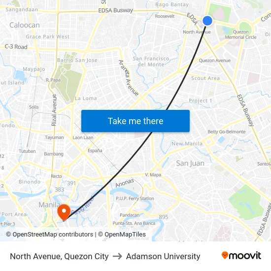 North Avenue, Quezon City to Adamson University map