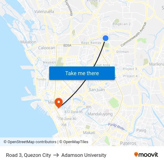 Road 3, Quezon City to Adamson University map