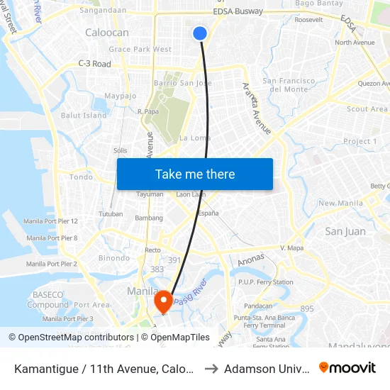 Kamantigue / 11th Avenue, Caloocan City to Adamson University map