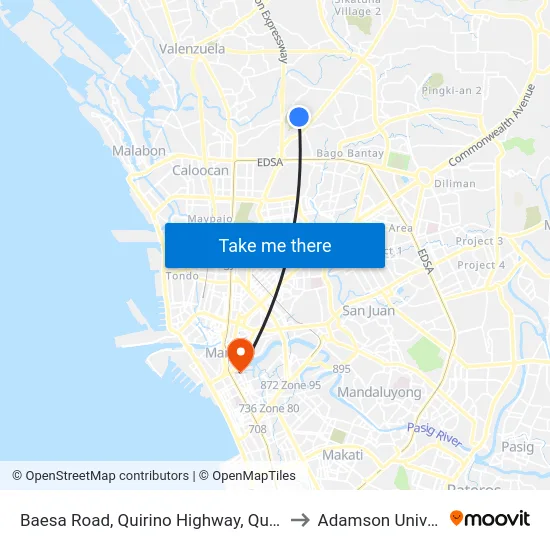 Baesa Road, Quirino Highway, Quezon City to Adamson University map