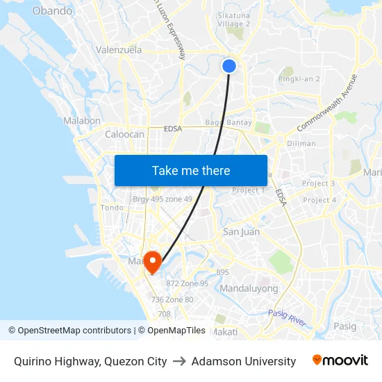 Quirino Highway, Quezon City to Adamson University map