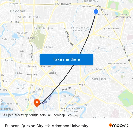 Bulacan, Quezon City to Adamson University map