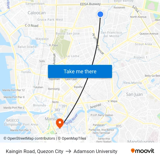 Kaingin Road, Quezon City to Adamson University map
