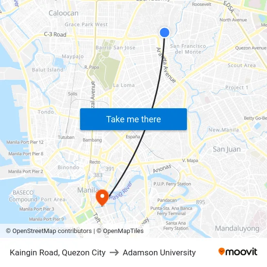 Kaingin Road, Quezon City to Adamson University map