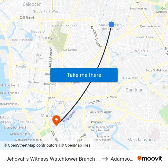 Jehovah's Witness Watchtower Branch Office, Roosevelt Avenue, Quezon City to Adamson University map