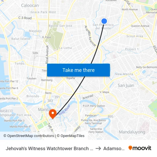 Jehovah's Witness Watchtower Branch Office, Roosevelt Avenue, Quezon City to Adamson University map