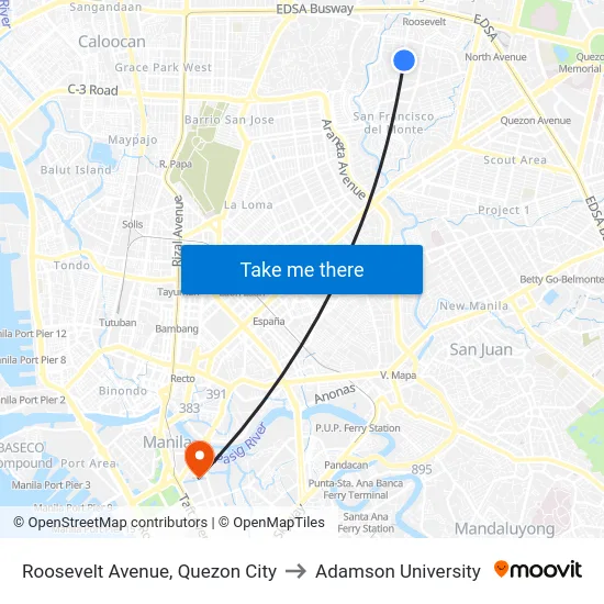 Roosevelt Avenue, Quezon City to Adamson University map