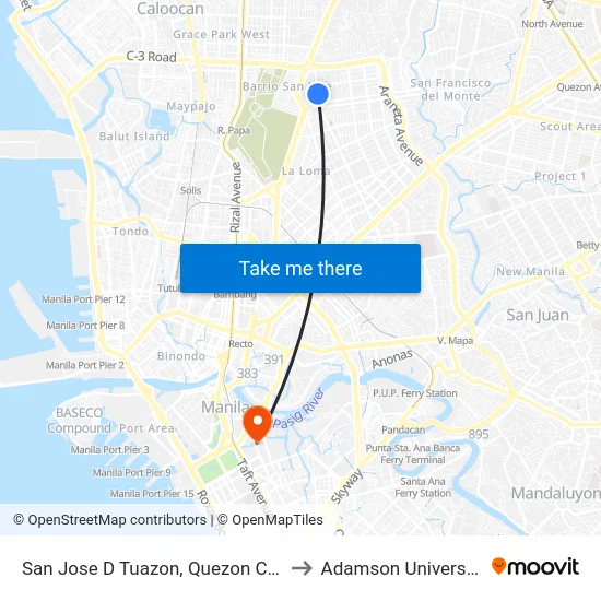 San Jose D Tuazon, Quezon City to Adamson University map