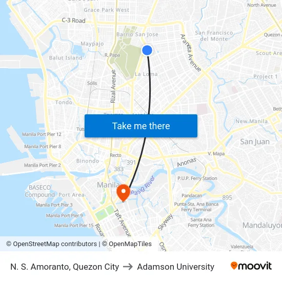 N. S. Amoranto, Quezon City to Adamson University map