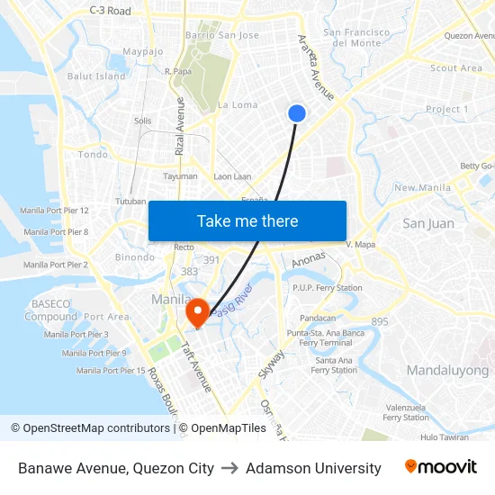 Banawe Avenue, Quezon City to Adamson University map
