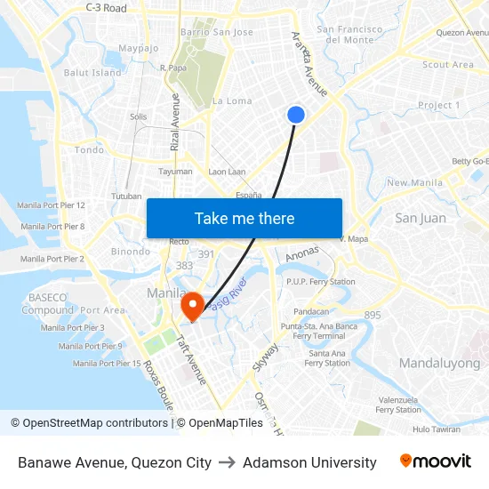 Banawe Avenue, Quezon City to Adamson University map