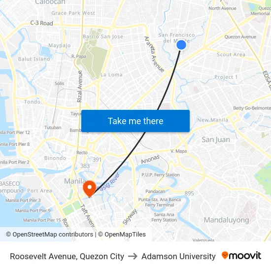 Roosevelt Avenue, Quezon City to Adamson University map