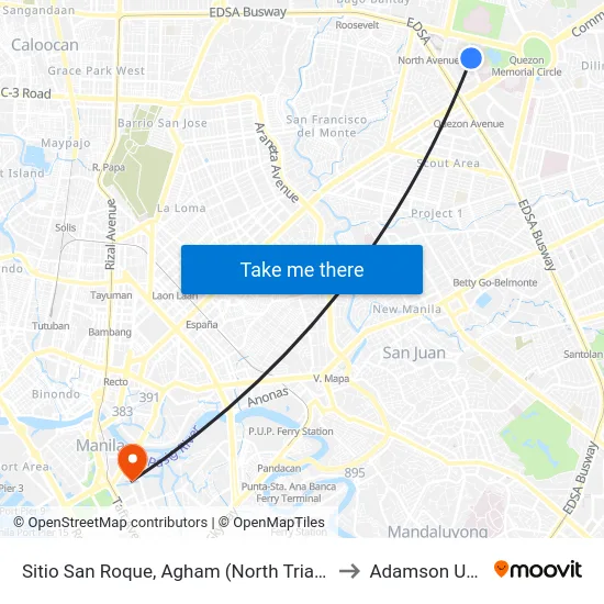 Sitio San Roque, Agham (North Triangle), Quezon City to Adamson University map
